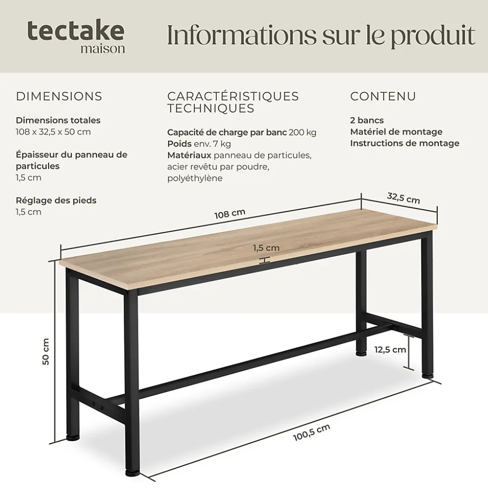 2 bancs Fairfield style industriel en Bois et acier