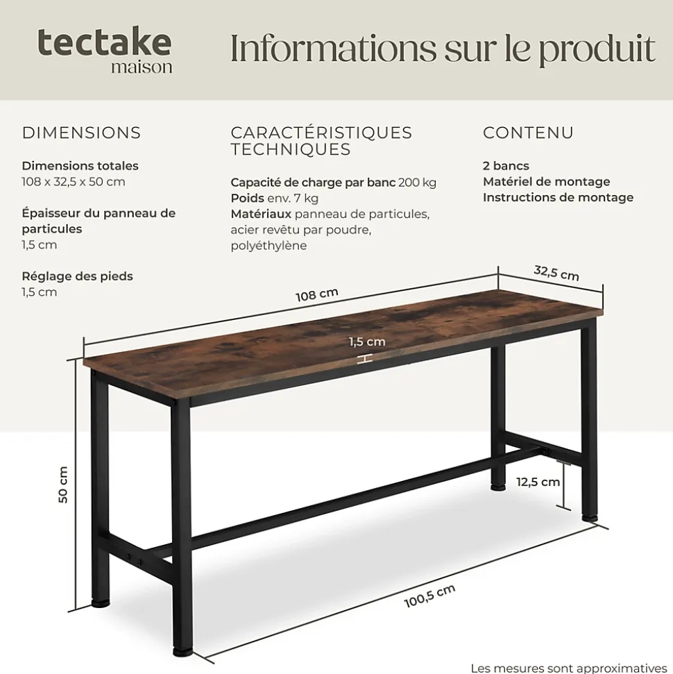 2 bancs Fairfield style industriel en Bois et acier