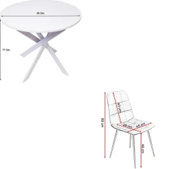 4 chaises table ronde 90x77cm couleur blanc mat Pieds blancs