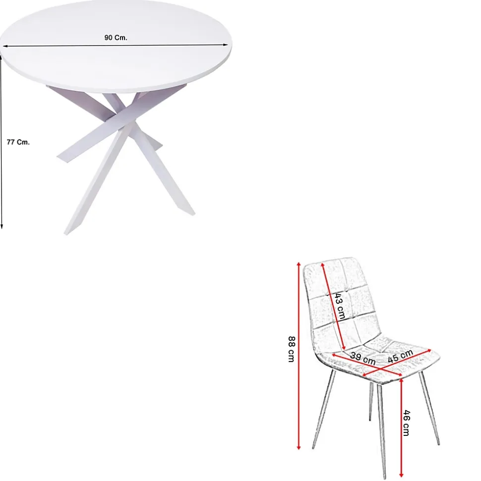4 chaises table ronde 90x77cm couleur blanc mat Pieds blancs