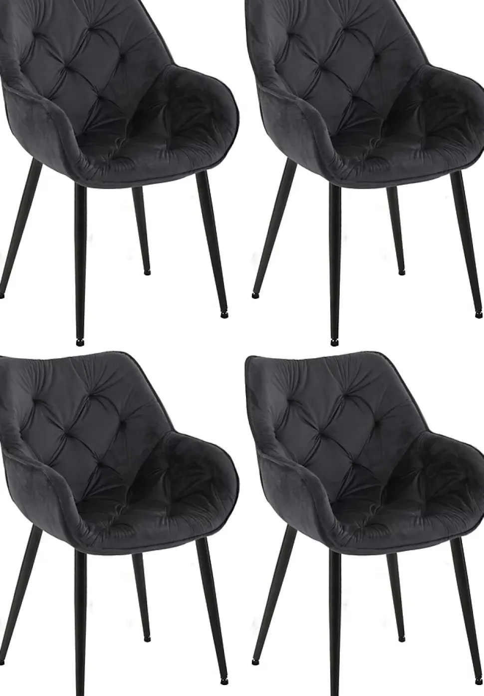 4 Chaises Velours Salle à Manger Tanna, Rétro avec Accoudoirs, Piètement Métal Noir, Boutons Décoratifs Chics Noir