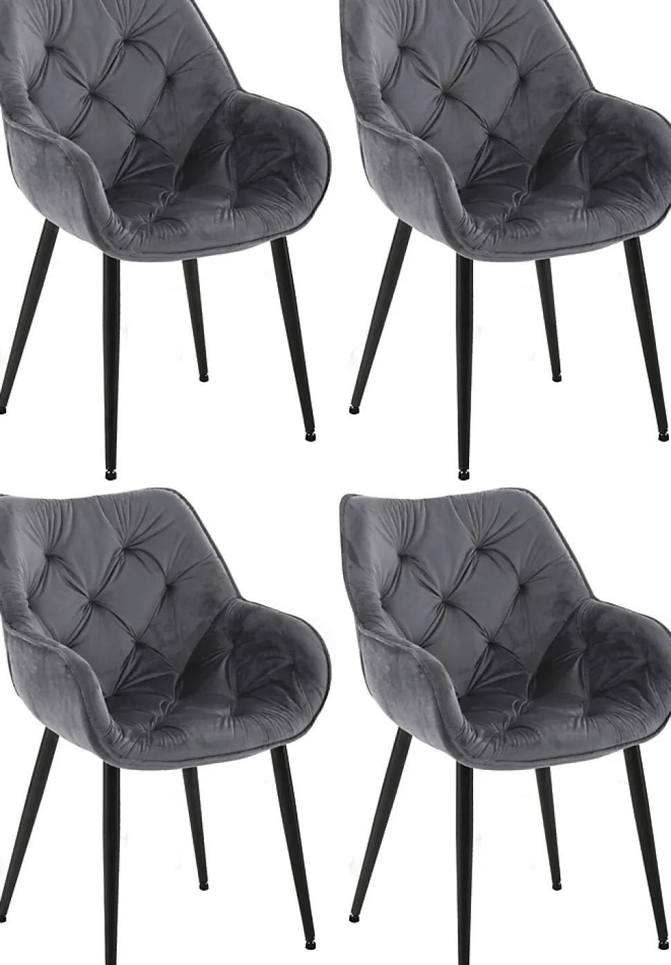 4 Chaises Velours Salle à Manger Tanna, Rétro avec Accoudoirs, Piètement Métal Noir, Boutons Décoratifs Chics Grisfoncé