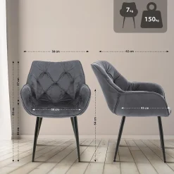 4 Chaises Velours Salle à Manger Tanna, Rétro avec Accoudoirs, Piètement Métal Noir, Boutons Décoratifs Chics Grisfoncé