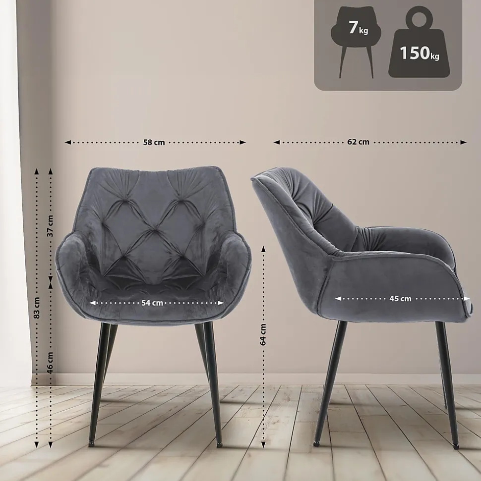 4 Chaises Velours Salle à Manger Tanna, Rétro avec Accoudoirs, Piètement Métal Noir, Boutons Décoratifs Chics Grisfoncé