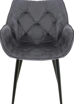 4 Chaises Velours Salle à Manger Tanna, Rétro avec Accoudoirs, Piètement Métal Noir, Boutons Décoratifs Chics Grisfoncé