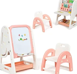 2 en 1 Chevalet Tableau Magnétique Enfant Double Face avec Bureau Pliable et Tabouret, Chevalet Réglable de 3 Niveaux (Orange)