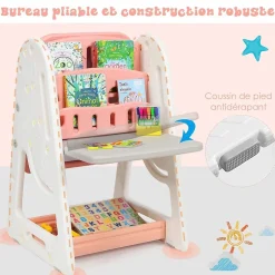 2 en 1 Chevalet Tableau Magnétique Enfant Double Face avec Bureau Pliable et Tabouret, Chevalet Réglable de 3 Niveaux (Orange)