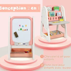 2 en 1 Chevalet Tableau Magnétique Enfant Double Face avec Bureau Pliable et Tabouret, Chevalet Réglable de 3 Niveaux (Orange)