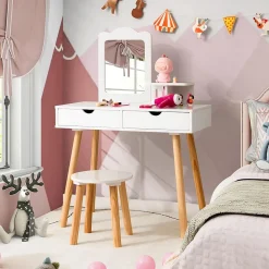 2 en 1 Coiffeuse avec Tabouret Table de Maquillage et Bureau avec Miroir Amovible 2 Tiroirs Étagère