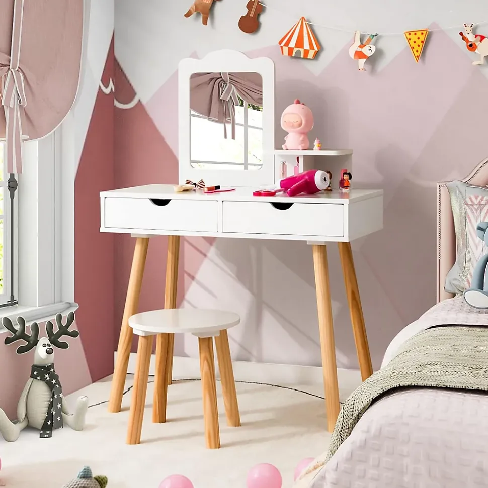 2 en 1 Coiffeuse avec Tabouret Table de Maquillage et Bureau avec Miroir Amovible 2 Tiroirs Étagère