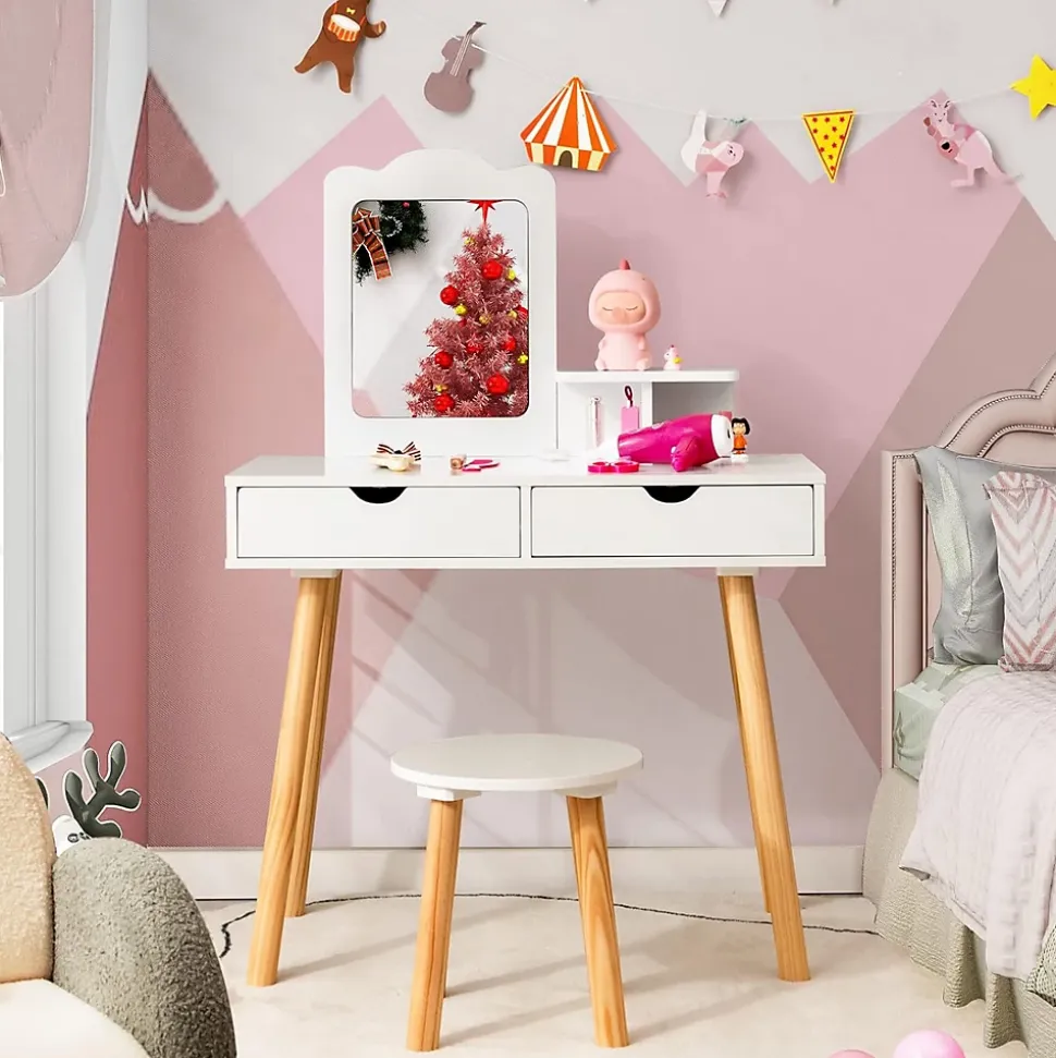 2 en 1 Coiffeuse avec Tabouret Table de Maquillage et Bureau avec Miroir Amovible 2 Tiroirs Étagère