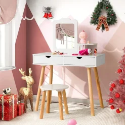 2 en 1 Coiffeuse avec Tabouret Table de Maquillage et Bureau avec Miroir Amovible 2 Tiroirs Étagère