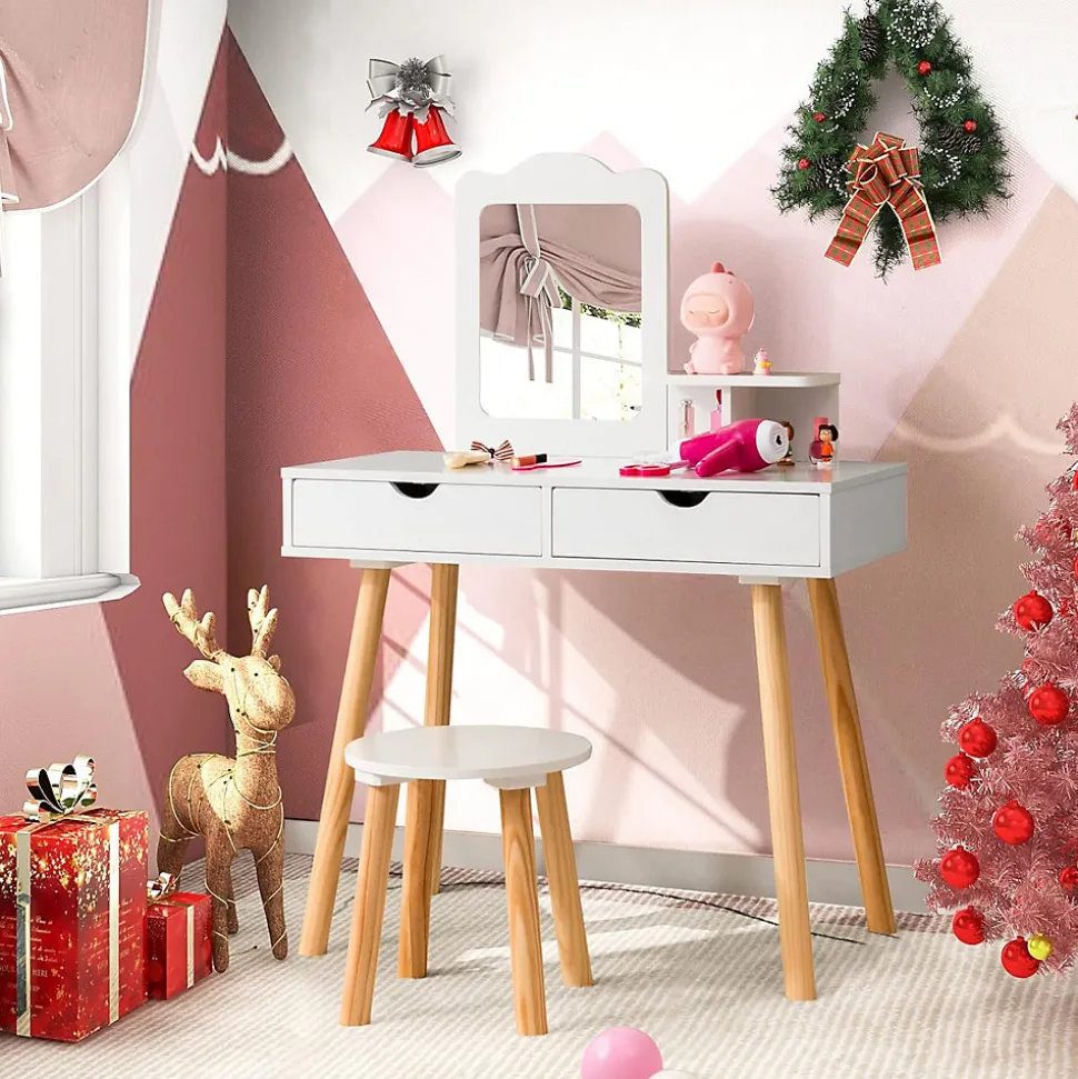 2 en 1 Coiffeuse avec Tabouret Table de Maquillage et Bureau avec Miroir Amovible 2 Tiroirs Étagère