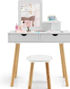 2 en 1 Coiffeuse avec Tabouret Table de Maquillage et Bureau avec Miroir Amovible 2 Tiroirs Étagère