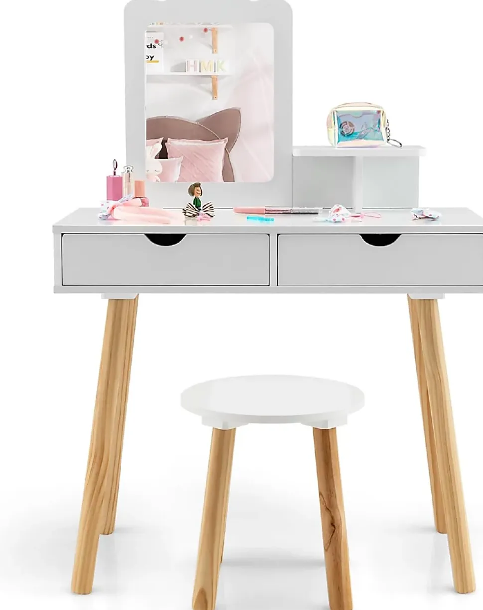 2 en 1 Coiffeuse avec Tabouret Table de Maquillage et Bureau avec Miroir Amovible 2 Tiroirs Étagère