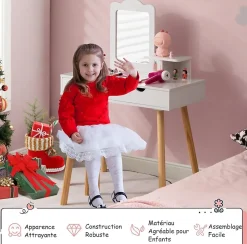 2 en 1 Coiffeuse avec Tabouret Table de Maquillage et Bureau avec Miroir Amovible 2 Tiroirs Étagère