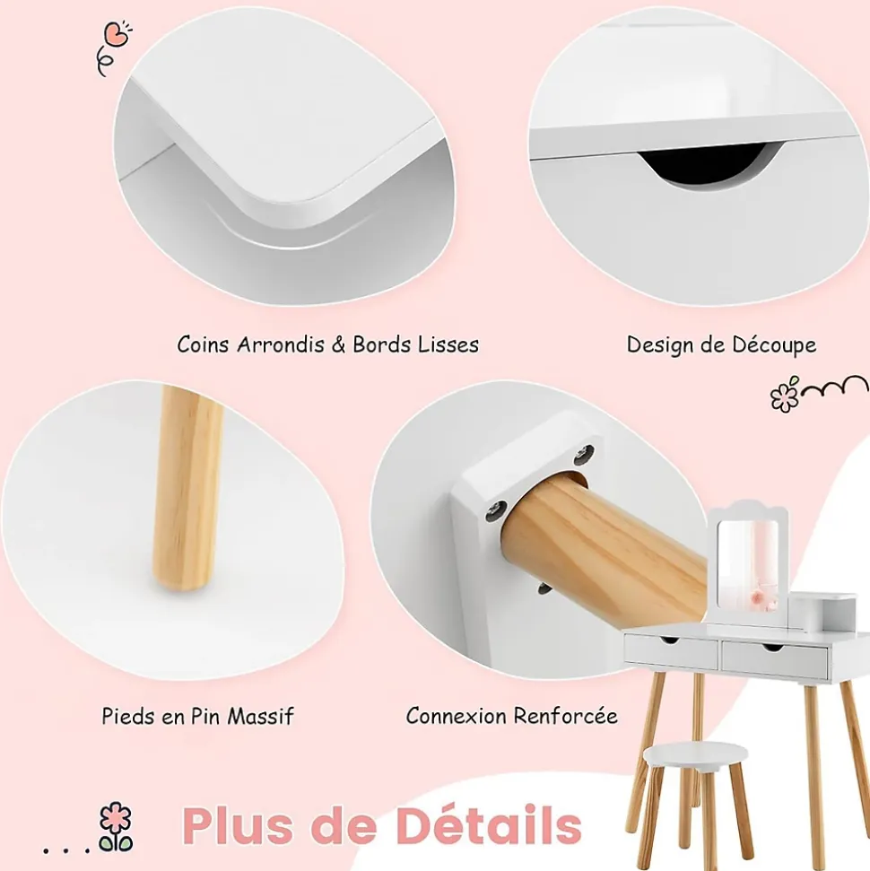 2 en 1 Coiffeuse avec Tabouret Table de Maquillage et Bureau avec Miroir Amovible 2 Tiroirs Étagère