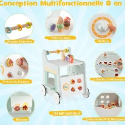 8 en 1 Trotteur Bébé en Bois, Chariot de Marche Bebe avec Accessoires Interactifs, Roues Antidérapantes, Vert