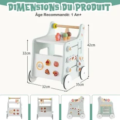 8 en 1 Trotteur Bébé en Bois, Chariot de Marche Bebe avec Accessoires Interactifs, Roues Antidérapantes, Vert