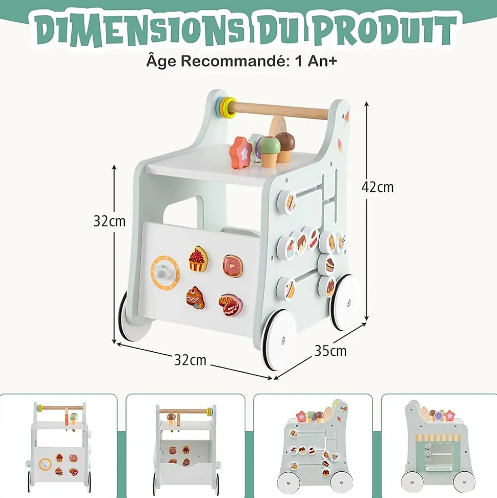 8 en 1 Trotteur Bébé en Bois, Chariot de Marche Bebe avec Accessoires Interactifs, Roues Antidérapantes, Vert