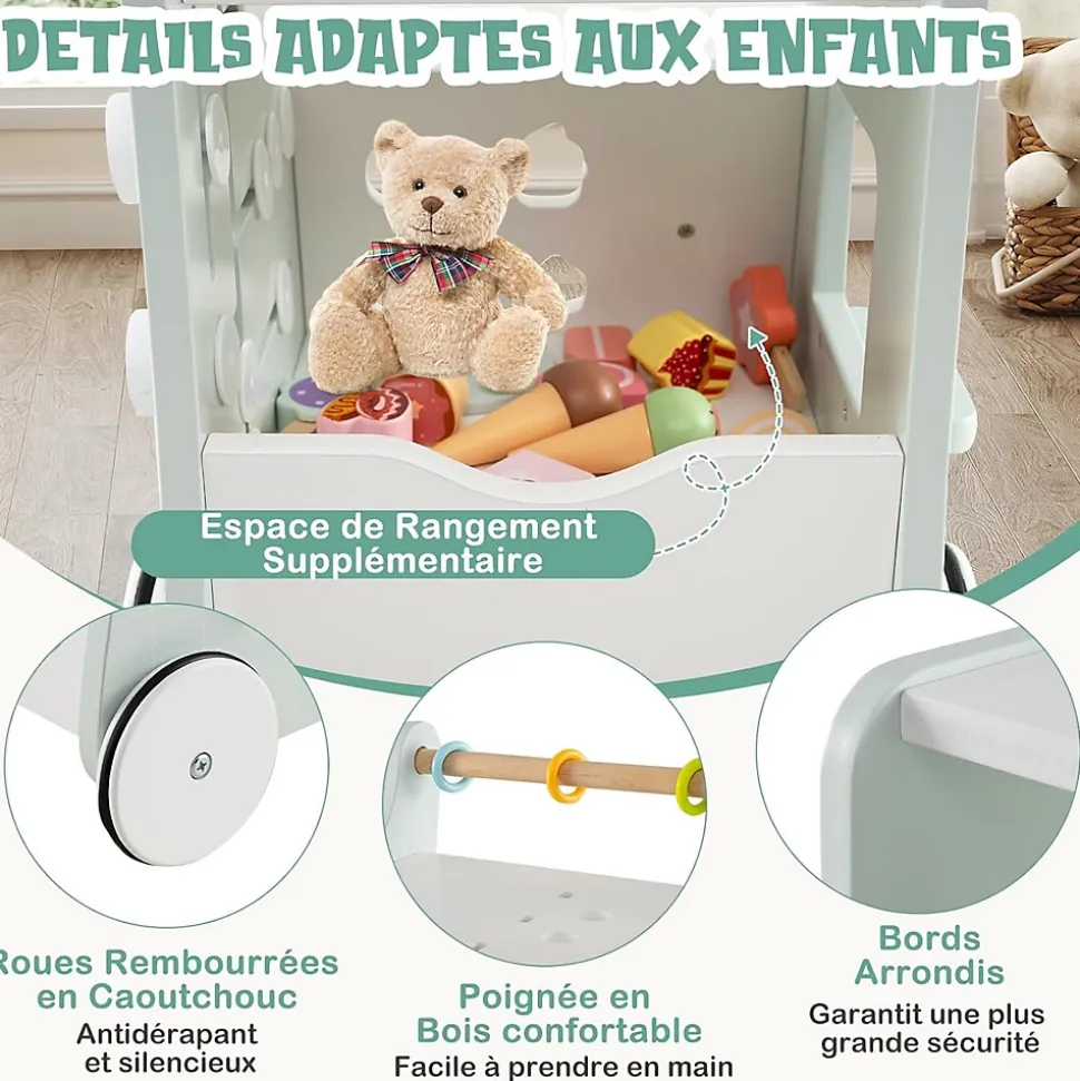 8 en 1 Trotteur Bébé en Bois, Chariot de Marche Bebe avec Accessoires Interactifs, Roues Antidérapantes, Vert
