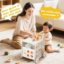 8 en 1 Trotteur Bébé en Bois, Chariot de Marche Bebe avec Accessoires Interactifs, Roues Antidérapantes, Vert