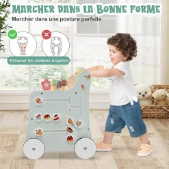 8 en 1 Trotteur Bébé en Bois, Chariot de Marche Bebe avec Accessoires Interactifs, Roues Antidérapantes, Vert