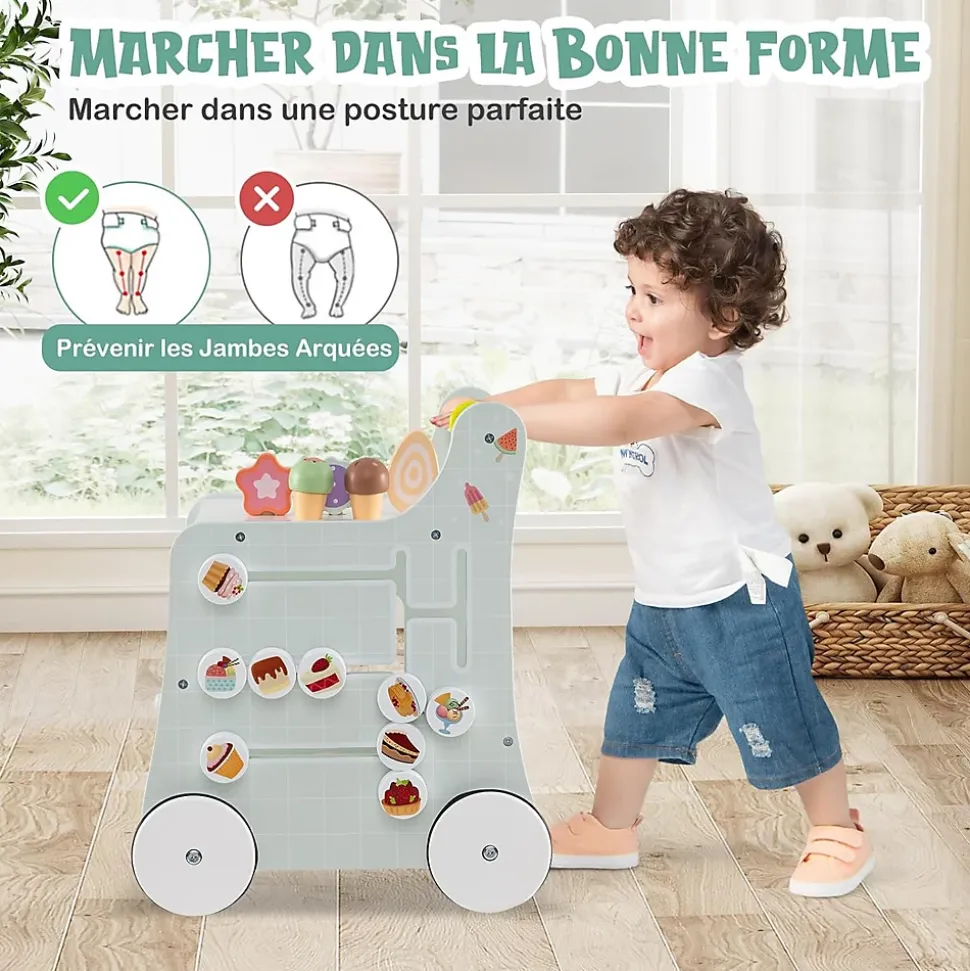 8 en 1 Trotteur Bébé en Bois, Chariot de Marche Bebe avec Accessoires Interactifs, Roues Antidérapantes, Vert