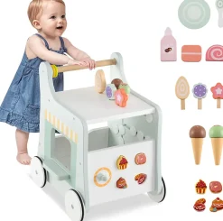 8 en 1 Trotteur Bébé en Bois, Chariot de Marche Bebe avec Accessoires Interactifs, Roues Antidérapantes, Vert
