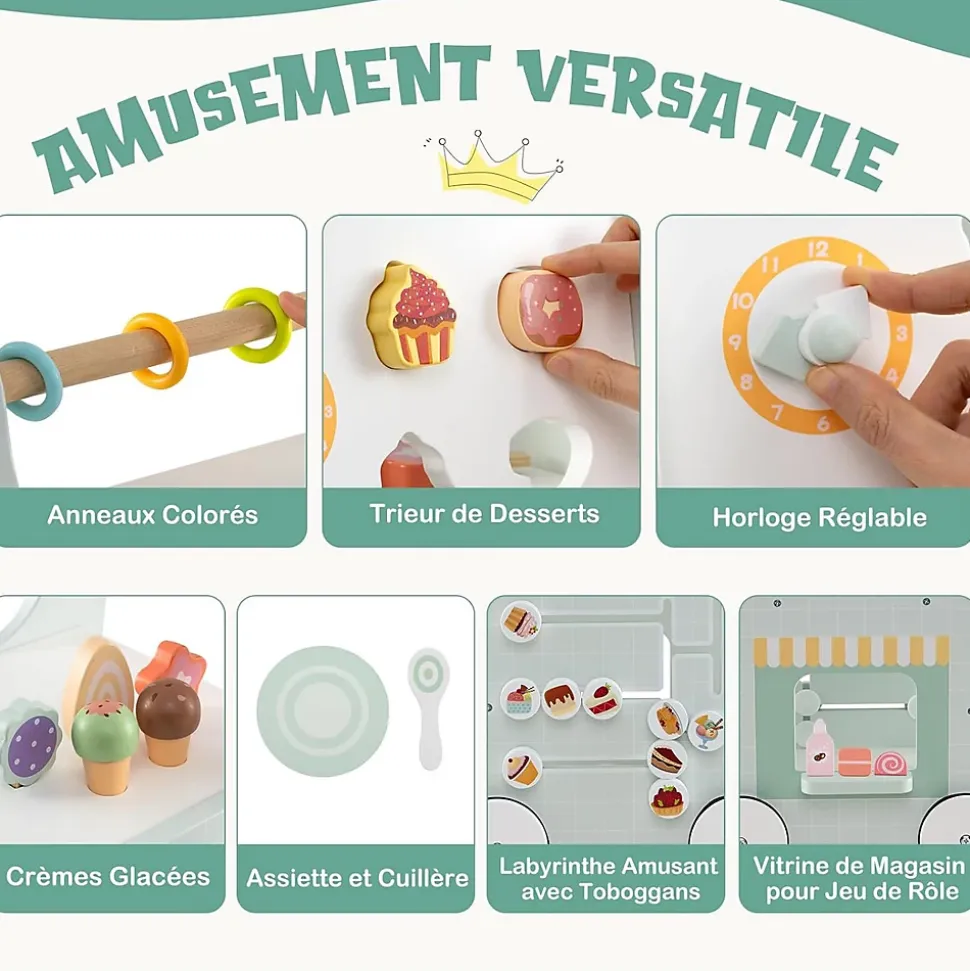 8 en 1 Trotteur Bébé en Bois, Chariot de Marche Bebe avec Accessoires Interactifs, Roues Antidérapantes, Vert