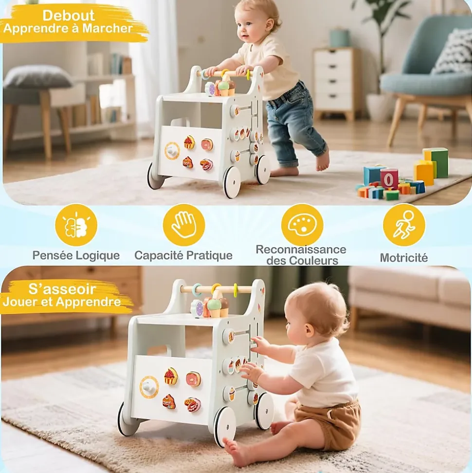 8 en 1 Trotteur Bébé en Bois, Chariot de Marche Bebe avec Accessoires Interactifs, Roues Antidérapantes, Vert