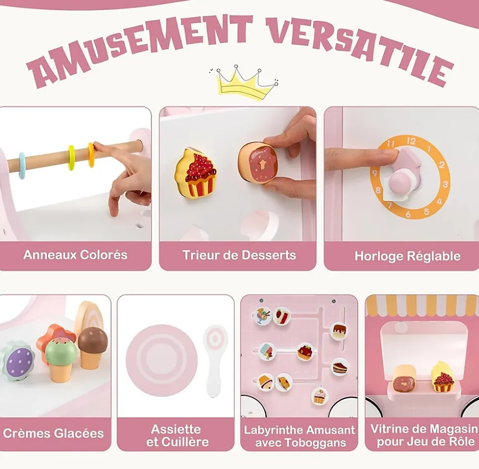 8 en 1 Trotteur Bébé en Bois, Chariot de Marche Bebe avec Accessoires Interactifs, Roues Antidérapantes, Vert