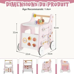 8 en 1 Trotteur Bébé en Bois, Chariot de Marche Bebe avec Accessoires Interactifs, Roues Antidérapantes, Vert