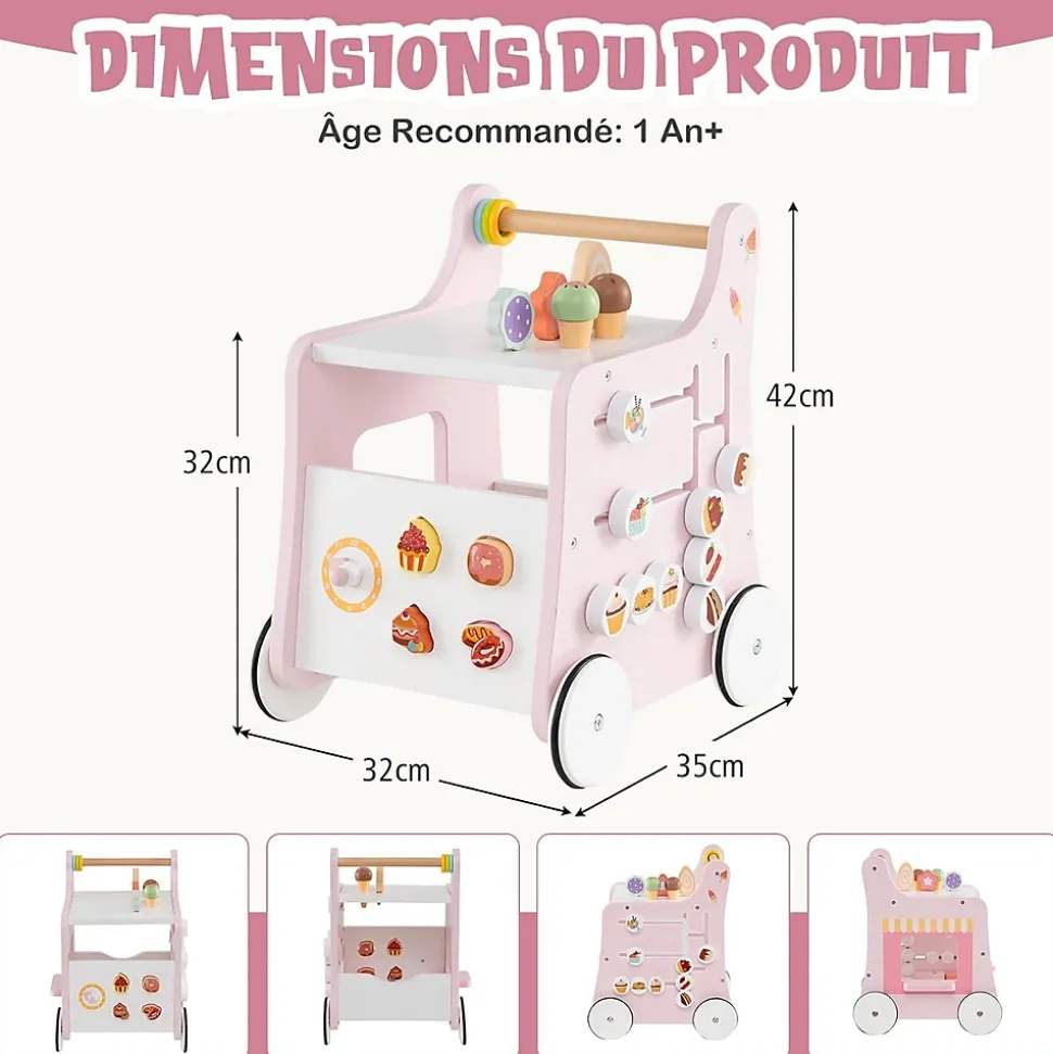 8 en 1 Trotteur Bébé en Bois, Chariot de Marche Bebe avec Accessoires Interactifs, Roues Antidérapantes, Vert