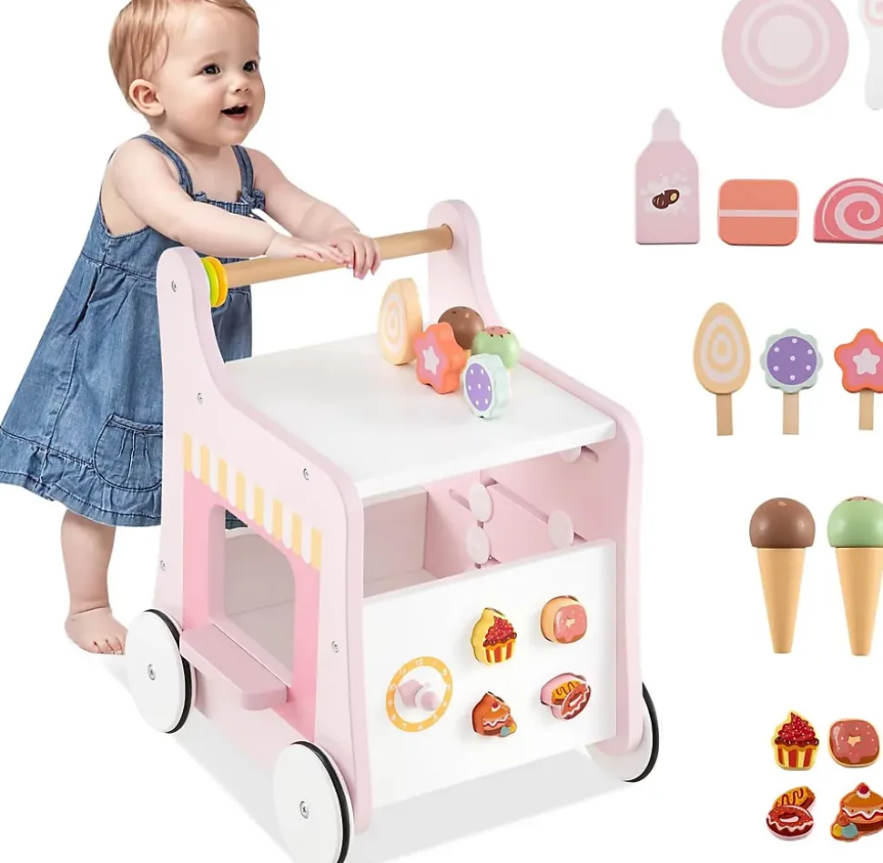 8 en 1 Trotteur Bébé en Bois, Chariot de Marche Bebe avec Accessoires Interactifs, Roues Antidérapantes, Vert