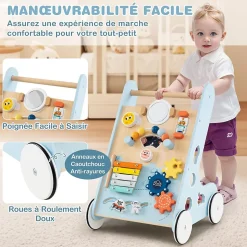 8 en 1 Trotteur Bébé Garçon Fille, Chariot de Marche Bebe Montessori avec Roues, Espace de Rangement, Bleu