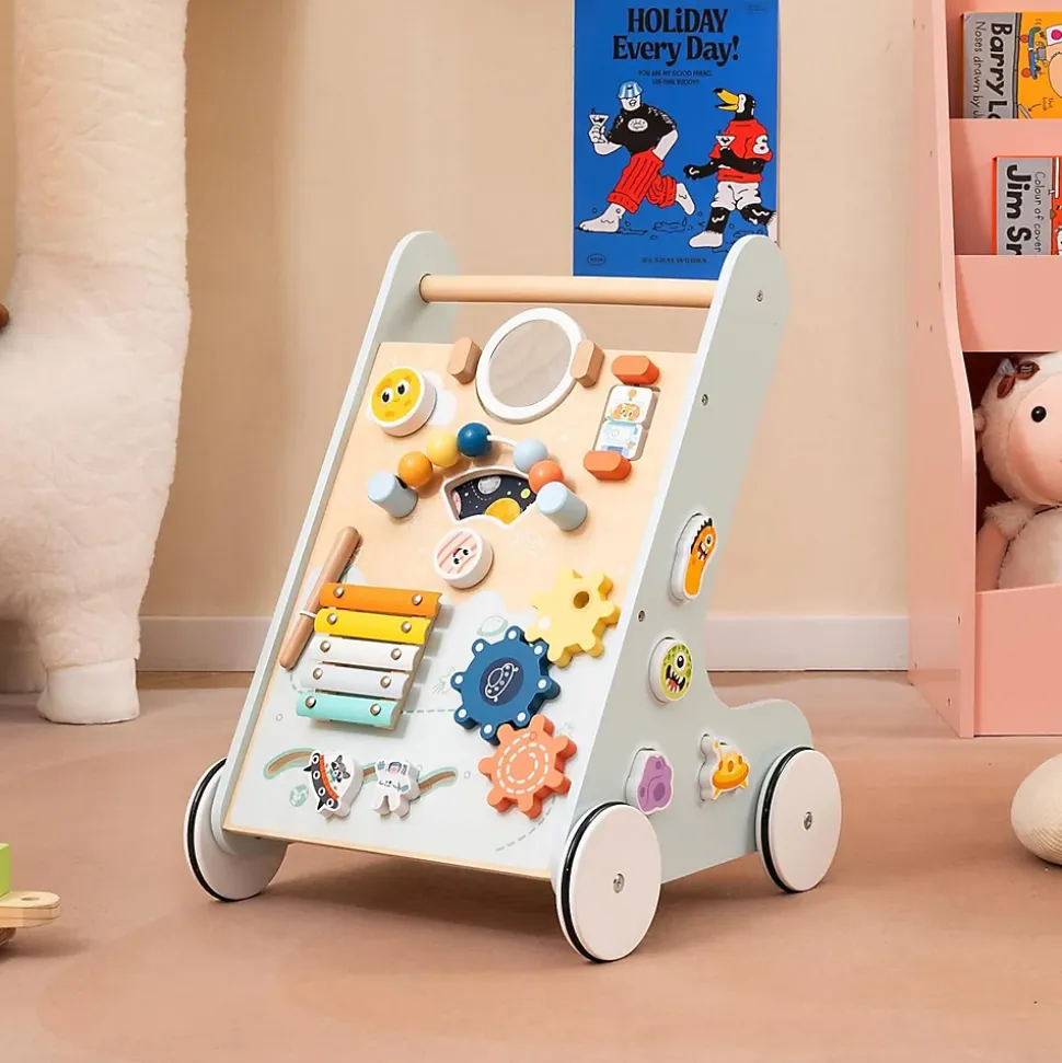 8 en 1 Trotteur Bébé Garçon Fille, Chariot de Marche Bebe Montessori avec Roues, Espace de Rangement, Bleu