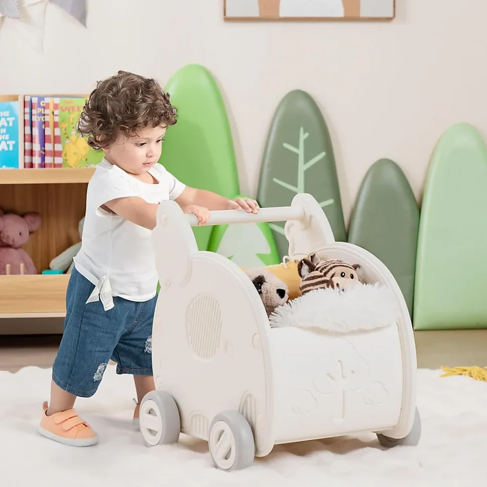 2 en 1 Trotteur Bébé Garçon Fille avec Coffre à Jouets, Chariot de Marche Bebe en HDPE, avec Espace de Rangement