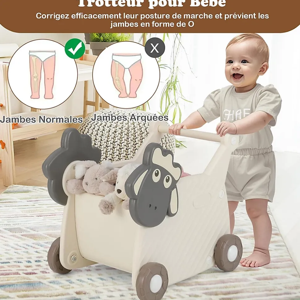 2 en 1 Trotteur Bebe Garcon Fille en Forme de Mouton, Chariot de Marche Bebe en HDPE avec Boîte à Jouets, pour 3+ Ans