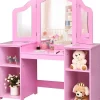 2 en 1Coiffeuse Enfants,avec Miroir à 3 Volets Pliable,avec 4 Étagères et 3 Panneaux Plexiglass, 104x40X117CM (Modèle Rose)