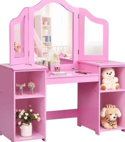 2 en 1Coiffeuse Enfants,avec Miroir à 3 Volets Pliable,avec 4 Étagères et 3 Panneaux Plexiglass, 104x40X117CM (Modèle Rose)