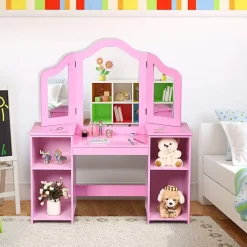 2 en 1Coiffeuse Enfants,avec Miroir à 3 Volets Pliable,avec 4 Étagères et 3 Panneaux Plexiglass, 104x40X117CM (Modèle Rose)