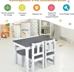 4 Pcs Ensemble de Table Chaises Enfant 2 en 1 Ensemble De Table Activites avec 2 Chaises 1 Banc De Rangemen Gris