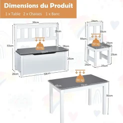 4 Pcs Ensemble de Table Chaises Enfant 2 en 1 Ensemble De Table Activites avec 2 Chaises 1 Banc De Rangemen Gris