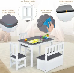 4 Pcs Ensemble de Table Chaises Enfant 2 en 1 Ensemble De Table Activites avec 2 Chaises 1 Banc De Rangemen Gris