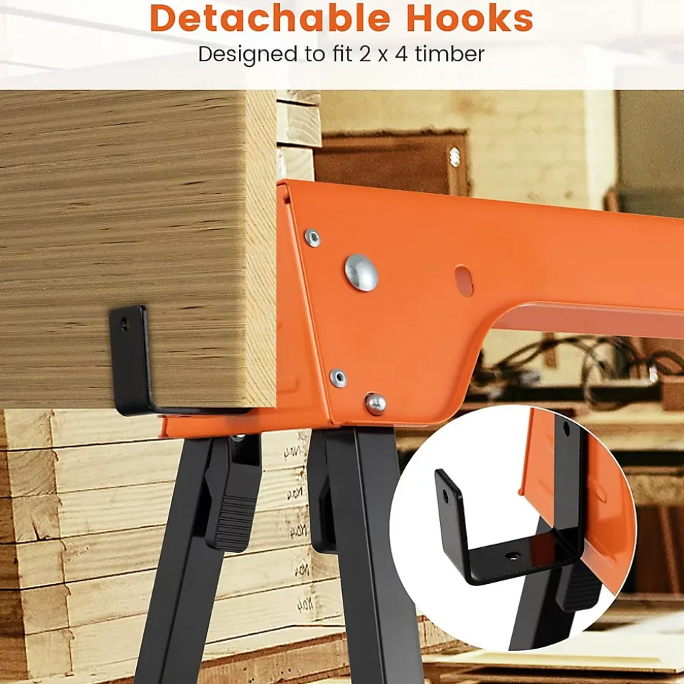 2 Tréteaux Pliants,Tréteaux Métalliques Portables avec Poignée et Bras de Support 2x4 Détachable,Charge 600 kg/Tréteau,Orange