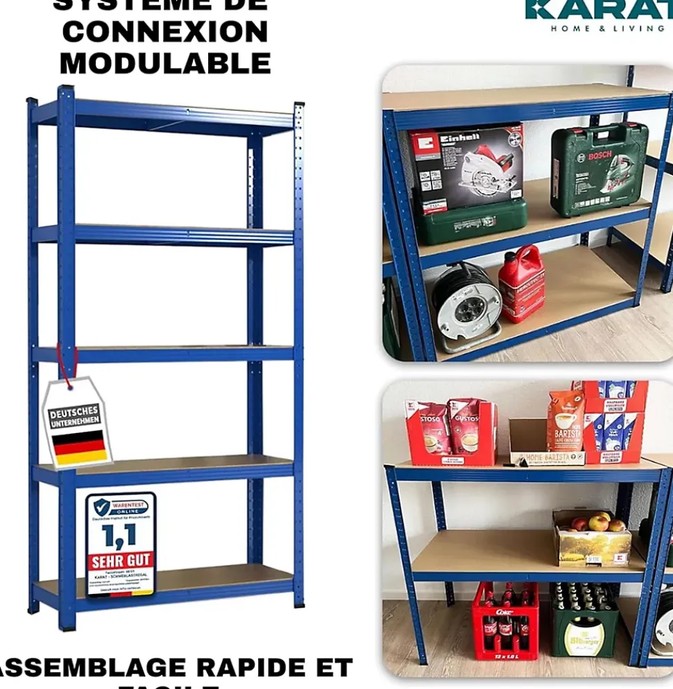 2 X Rayonnages pour charges lourdes, 150 x 75 x 30 cm, Bleu, Capacité de charge max : 875 kg
