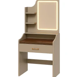 Afrodite - Coiffeuse avec lumière LED, tiroir, 3 étagères et prises, station de maquillage en bois taupe