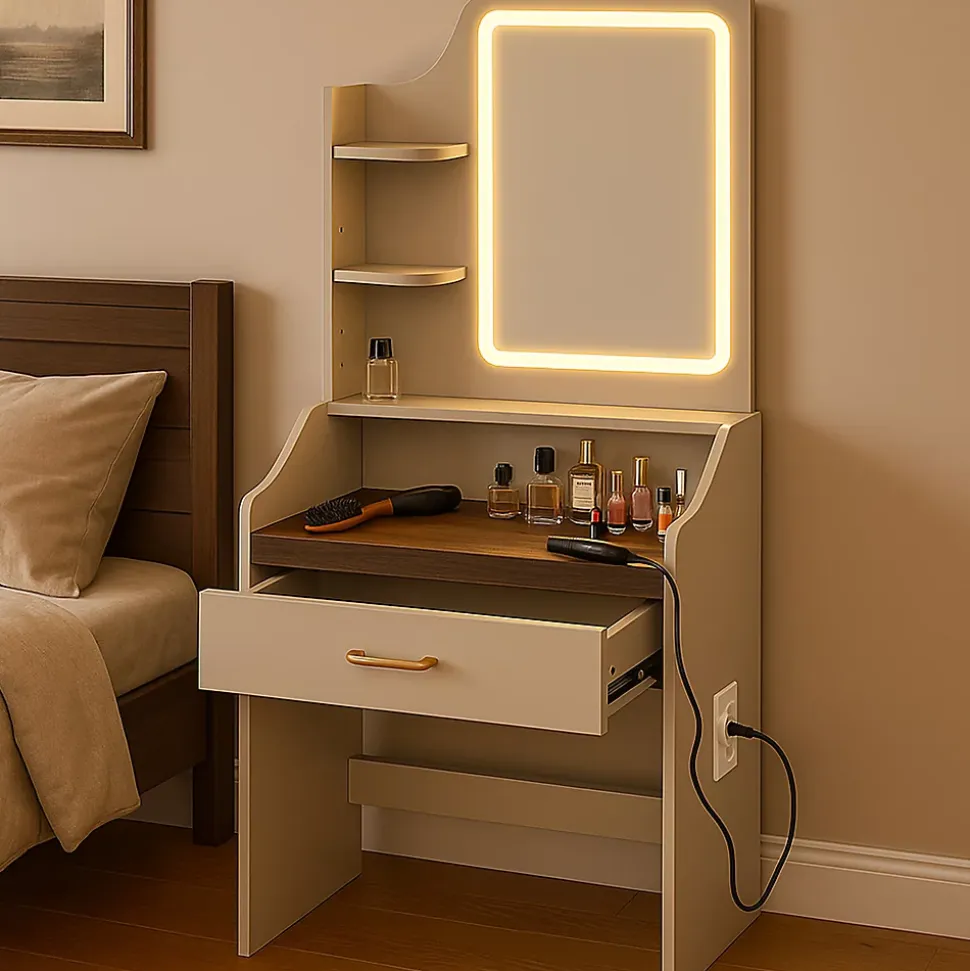 Afrodite - Coiffeuse avec lumière LED, tiroir, 3 étagères et prises, station de maquillage en bois taupe