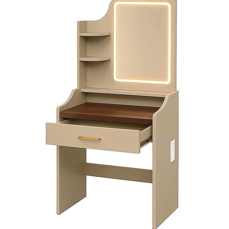 Afrodite - Coiffeuse avec lumière LED, tiroir, 3 étagères et prises, station de maquillage en bois taupe